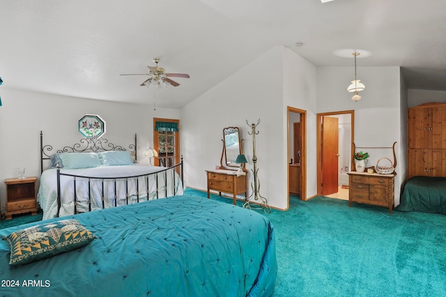 carpeted bedroom featuring connected bathroom, ceiling fan, and lofted ceiling