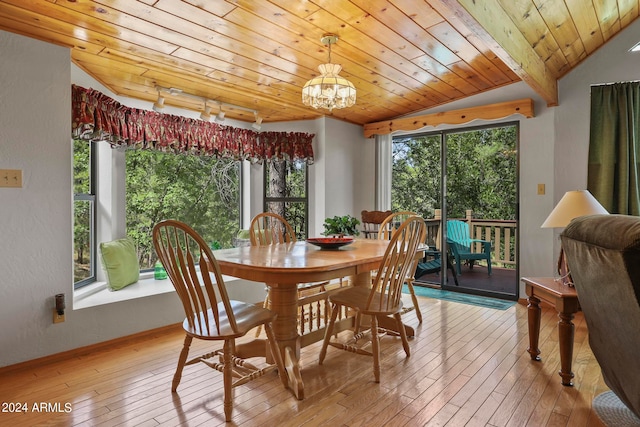 dining area with wood ceiling, an inviting chandelier, lofted ceiling with beams, and light wood-type flooring