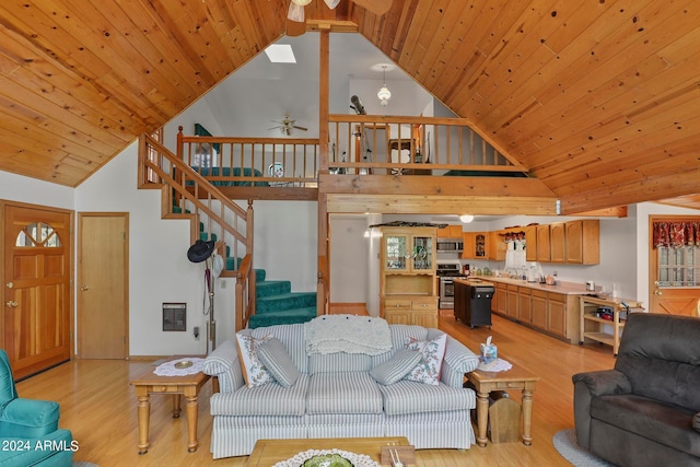 living room featuring ceiling fan, wood ceiling, high vaulted ceiling, and light hardwood / wood-style flooring