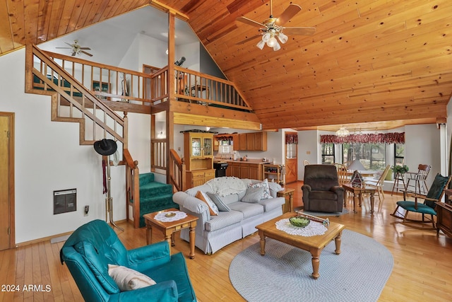 living room with ceiling fan, high vaulted ceiling, wooden ceiling, and light wood-type flooring