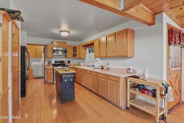 kitchen with sink, a center island, light hardwood / wood-style floors, washer / dryer, and appliances with stainless steel finishes