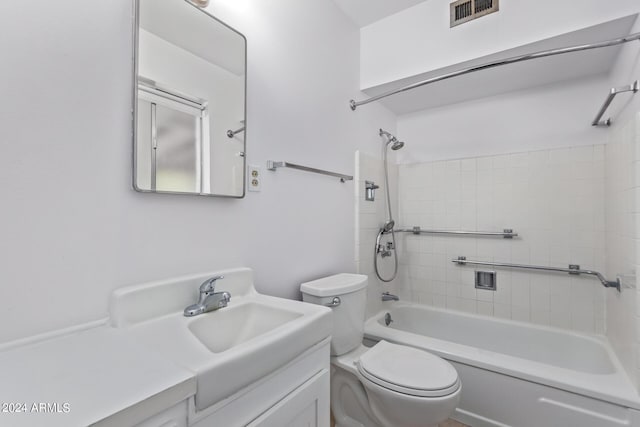 full bathroom with tub / shower combination, visible vents, toilet, and vanity
