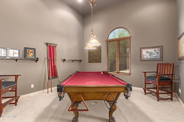 recreation room featuring high vaulted ceiling, pool table, and carpet floors