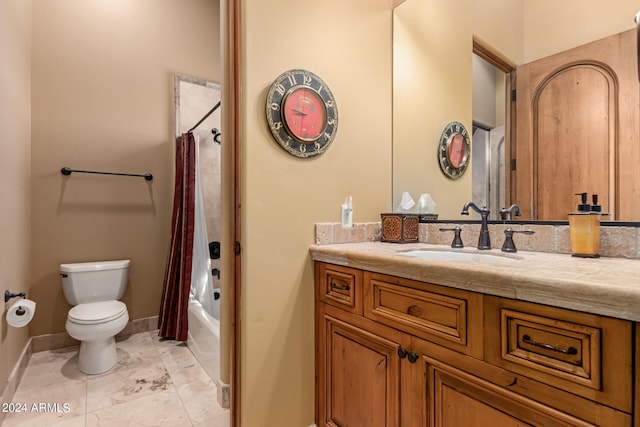 full bathroom featuring shower / bath combo, vanity, toilet, and tile patterned flooring