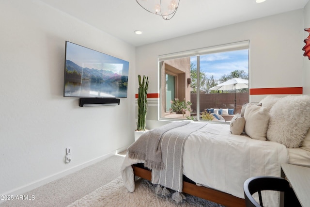 carpeted bedroom featuring recessed lighting and baseboards