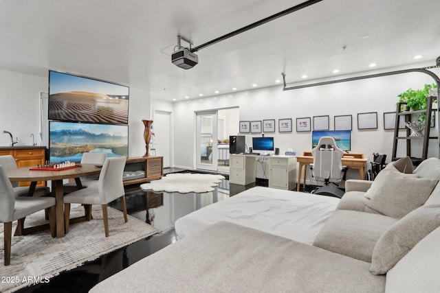 bedroom with refrigerator and recessed lighting