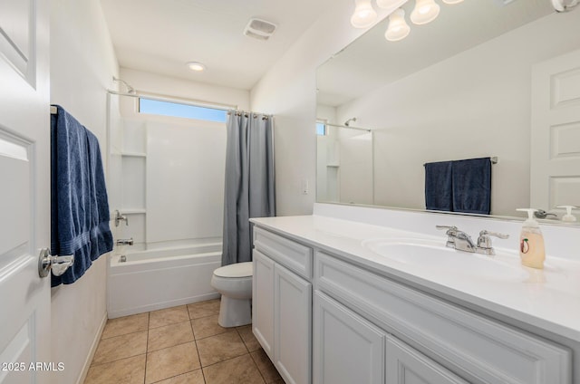 full bathroom featuring vanity, toilet, shower / bathtub combination with curtain, and tile patterned flooring