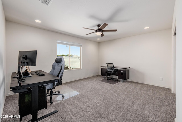 office space featuring carpet flooring and ceiling fan