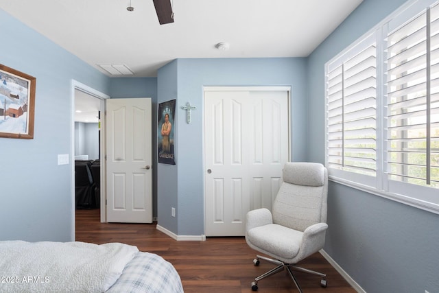2185 E Gillcrest Rd, Gilbert, AZ 85298 - bedroom with a closet, wood finished floors, baseboards, and ceiling fan