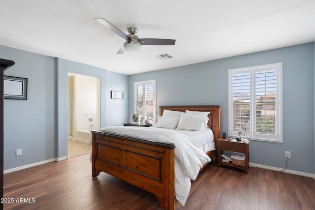 2185 E Gillcrest Rd, Gilbert, AZ 85298 - bedroom with wood finished floors, baseboards, a ceiling fan, and ensuite bath