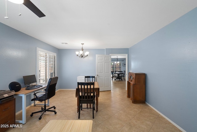 2185 E Gillcrest Rd, Gilbert, AZ 85298 - office featuring a chandelier, ceiling fan, baseboards, and light tile patterned flooring