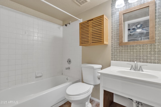 full bathroom featuring shower / bathtub combination, visible vents, toilet, and vanity