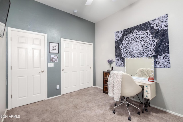 office area featuring carpet flooring and ceiling fan