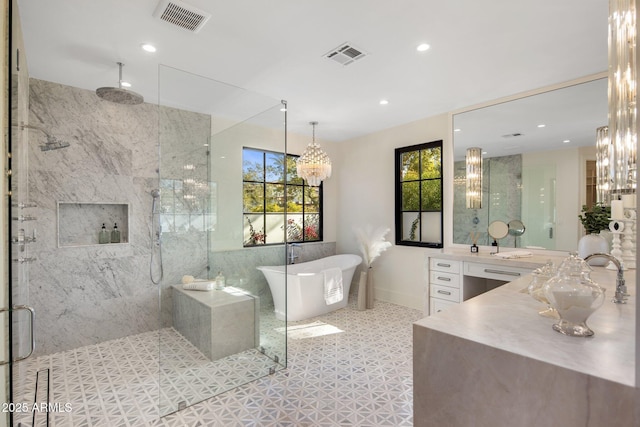 bathroom featuring vanity and plus walk in shower