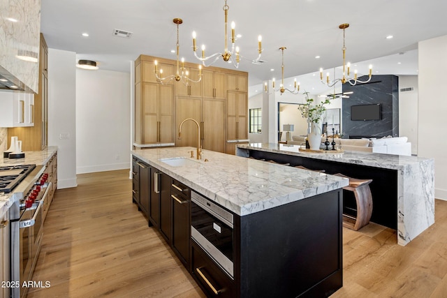 kitchen with sink, hanging light fixtures, stainless steel appliances, light stone counters, and an island with sink