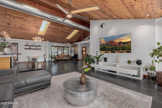 living area featuring high vaulted ceiling, wood ceiling, and visible vents