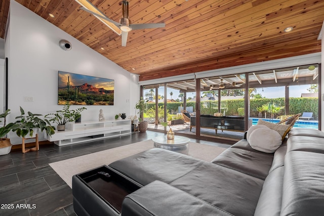 living room featuring high vaulted ceiling, wood ceiling, and a ceiling fan