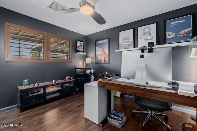 home office with baseboards, ceiling fan, visible vents, and wood finished floors