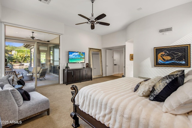 bedroom with visible vents, light colored carpet, ceiling fan, and access to outside