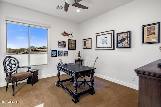 office area with visible vents, dark carpet, recessed lighting, baseboards, and ceiling fan