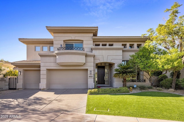 view of front facade featuring stucco siding, driveway, a front yard, a garage, and a balcony