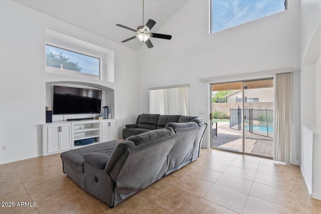 4323 E Dublin St, Gilbert, AZ 85295 - living area with a high ceiling, ceiling fan, and light tile patterned floors
