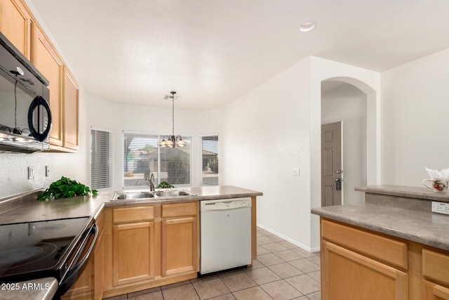 12355 W Hadley St, Avondale, AZ 85323 - kitchen featuring black appliances, a sink, light tile patterned floors, arched walkways, and pendant lighting