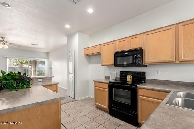 12355 W Hadley St, Avondale, AZ 85323 - kitchen with black appliances, a ceiling fan, a sink, light brown cabinets, and recessed lighting