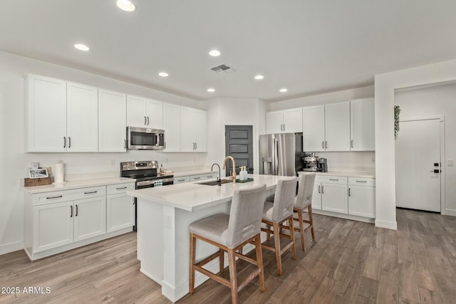 kitchen with a breakfast bar, a center island with sink, white cabinets, and appliances with stainless steel finishes