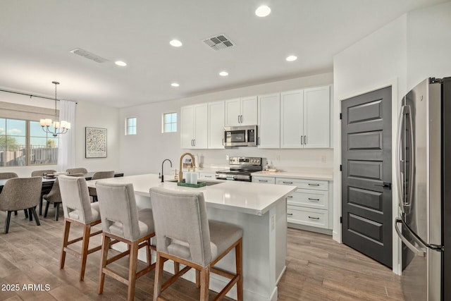 kitchen featuring appliances with stainless steel finishes, a center island with sink, a chandelier, white cabinetry, and hanging light fixtures