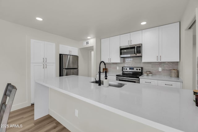 kitchen featuring appliances with stainless steel finishes, a sink, tasteful backsplash, white cabinetry, and recessed lighting