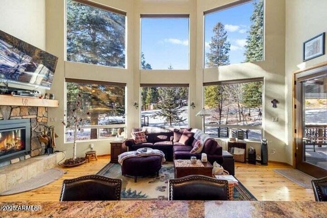 sunroom / solarium featuring a wealth of natural light and a stone fireplace