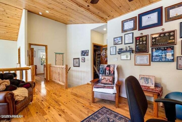 interior space with wood-type flooring, high vaulted ceiling, ceiling fan, and wood ceiling