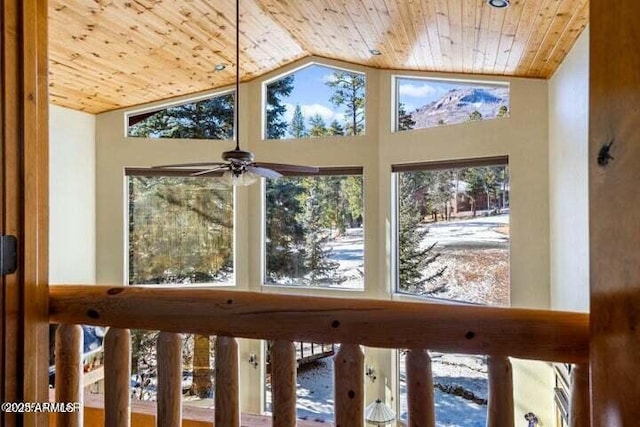 interior details featuring ceiling fan and wood ceiling