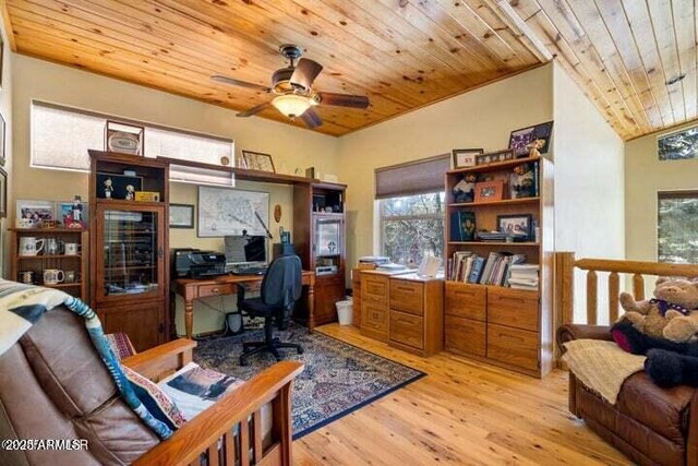 office space featuring wooden ceiling, light wood-type flooring, and ceiling fan