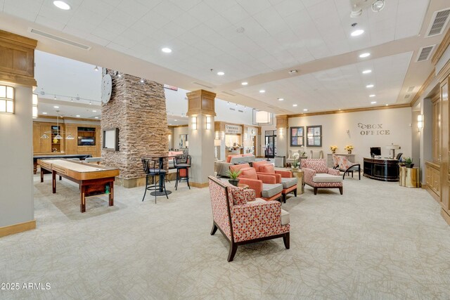 4245 E Ficus Way, Gilbert, AZ 85298 - living area featuring recessed lighting, light carpet, ornamental molding, ornate columns, and baseboards