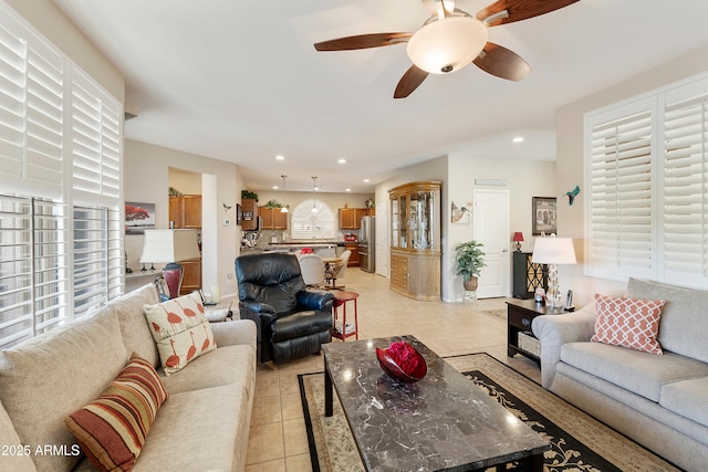 4245 E Ficus Way, Gilbert, AZ 85298 - living area with ceiling fan, light tile patterned flooring, and recessed lighting