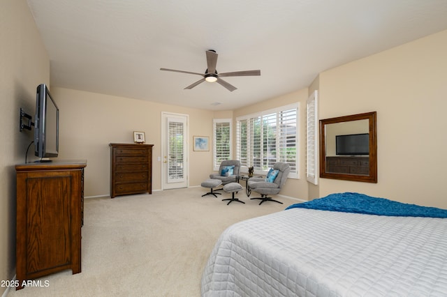 15134 W Waterford Dr, Surprise, AZ 85374 - bedroom featuring light carpet, access to exterior, baseboards, and ceiling fan