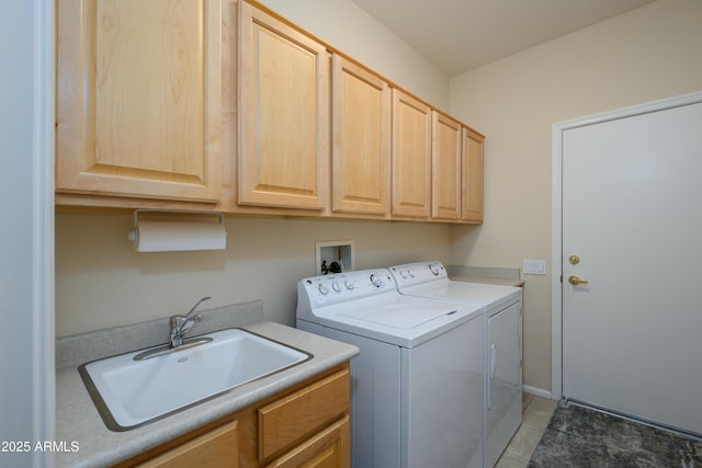 15134 W Waterford Dr, Surprise, AZ 85374 - laundry room featuring light tile patterned floors, a sink, cabinet space, and washing machine and dryer