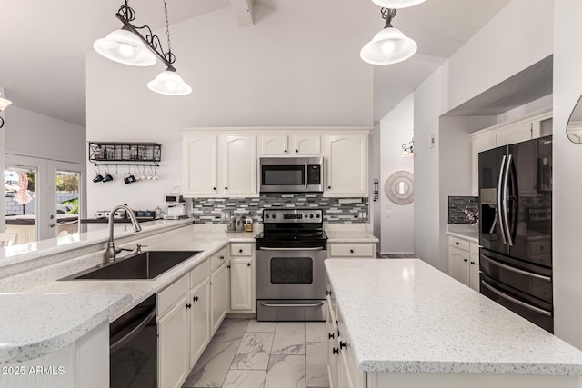 6156 W Del Rio St, Chandler, AZ 85226 - kitchen featuring black appliances, a sink, light marble finish floors, white cabinetry, and high vaulted ceiling