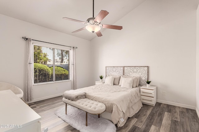 6156 W Del Rio St, Chandler, AZ 85226 - bedroom with vaulted ceiling, wood finished floors, baseboards, and a ceiling fan