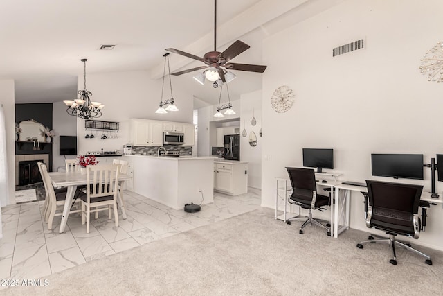 6156 W Del Rio St, Chandler, AZ 85226 - dining room with a ceiling fan, high vaulted ceiling, light marble finish flooring, a chandelier, and a desk