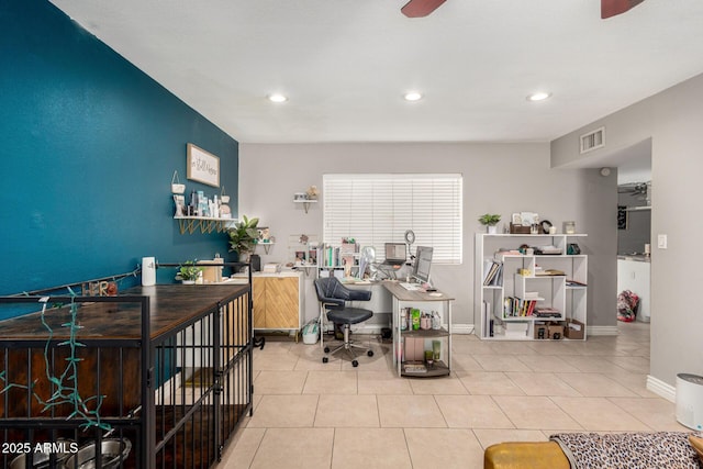 tiled home office with a ceiling fan, recessed lighting, baseboards, and visible vents