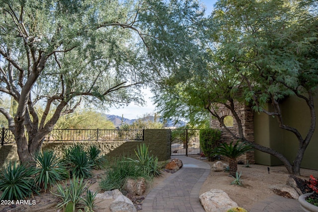 view of patio / terrace featuring a mountain view