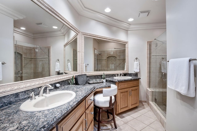 bathroom featuring tile patterned floors, ornamental molding, and walk in shower