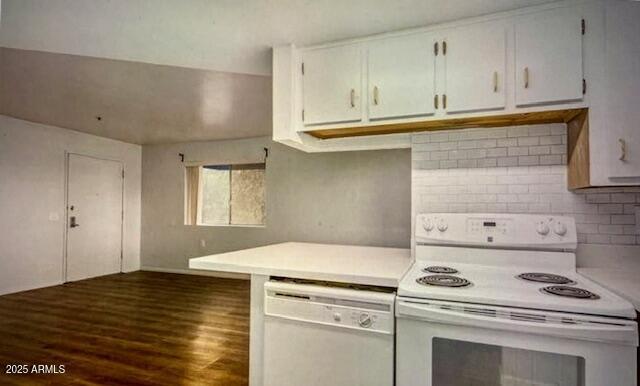 12221 W Bell Rd Unit 249, Surprise, AZ 85378 - kitchen with white appliances, dark wood finished floors, light countertops, decorative backsplash, and white cabinetry