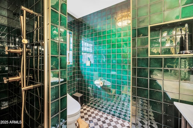 bathroom with tiled shower, tile walls, and toilet