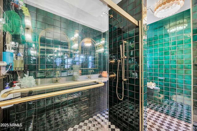 bathroom with tile walls and walk in shower