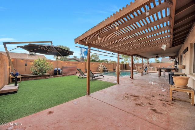 view of patio / terrace featuring a fenced in pool and a pergola