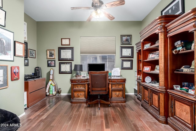 office featuring ceiling fan and dark wood-type flooring